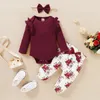 Ensembles de vêtements 3 24 mois bébé bébé filles vêtements ensemble printemps à manches longues barboteuse pantalon floral et bandeau floral bowknot 3 pièces tenues décontractées 231012