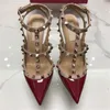 Fashion Pointed Toe Strap Women Studded Strappy Dress Shoes slippers slides sandalwith Studs highs heels matte Leather rivets Sandals valentine high heel Shoe