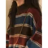 Damenpullover, Harajuku-Strickpullover, übergroße gestreifte Strickwaren für Frauen, Streetwear, Vintage-Patchwork-Pullover, adrette koreanische Freizeitpullover 231012