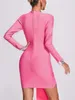 Casual Dresses 2023 Kvinnor Sexig långärmad Deep V Neck glittor paljetter Pink Midi Dress Celebrity Elegant Evening Party Club