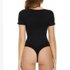 Taille ventre Shaper sans couture Shaperwear femmes Body Sexy côtelé col carré à manches courtes contrôle corps Shapers ventre 231012