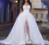 Elegant Wedding Dresses with Overskirt Off the Shoulder Long Sleeve Lace Bridal Gowns with Detachable Train5793568