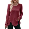 Kvinnors blusar Autumn Winter Top Stylish Rands Texture Button Decor Lång ärm Pullover Mjuk oregelbunden hem Fall/vinter T-shirt lös