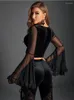 Women's Blouses 2023 Dark Vintage Ruched Mall Gothic Women Grunge Aesthetic Punk Mesh Sexy Crop Tops Flare Sleeve Skinny Bow Alt T-shirt