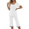 Ropa de dormir para mujer Pijamas de verano para mujer Conjunto de pijama elegante de 2 piezas Cuello en V Color de contraste Ajuste holgado Cintura elástica Pantalones recortados Ropa de dormir