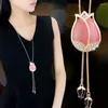 Pendentif Colliers Rose Tulipe Fleur Longue Pour Femmes Cristal Opale Ras Du Cou Pendanst Mode Chandail Chaîne Bijoux Collier