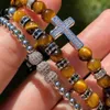 Lyxiga män armband set cz pave cross charm naturlig sten tiger ögon pärlor macrame vänskap justerbar pärlsträngar292f