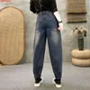 Damen-Jeans mit Patch, bestickt, Herbst, elastische Taille, Vintage, lockere, vielseitige Denim-Haremshose, Streetwear, knöchellang