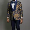 3 Stück Gold Jacquard Prom Männer Anzüge Blau Schal Revers Slim Fit Bräutigam Smoking Männlich Mode Kostüm Blazer Weste mit Pants311f