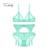 Varsbaby Light Green Soft Mesh Lingerie Set Sexy Yarn Transparent Deep V Wire Seamless Comfortable Bra Panty Garter Q0705217P