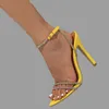 Dress Shoes Women Yellow High Heels Fashion Rhinestones Pointed Toe Sandals Summer Ladies Ankle Buckle Straps Stilettos Pumps 2023 New 231013