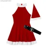 Traje temático feminino vestido de Papai Noel Sra. Claus Natal vem sem mangas Halter Neck vestido de flanela com chapéu e cinto para festa de Natal de ano novo T231013