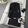 Zweiteilige Damen-Hosen, Damenanzüge, Büro-Sets, modisch, schmal, mit einem Knopf, langärmlig, schwarze Blazer, Vintage-Hosenanzüge mit hoher Taille, zweiteiliges Set 231013