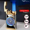 Lighters Creative Clock Rocker Ignition Double Flame Butane No Gas Lighter Metal Outdoor Windproof Turbine Torch Blue Jet