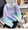 Kvinnors stickor Gradient Mohair Hollow Out Long Sleeve Single Breasted Sweater Korean Fashion Pullover Short Sweaters Autumn Winter 2023