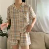 Kobietowa odzież snu Summer krótki rękaw Casual Korean Sweet Girls Red Grid Night Wear Lose For Women Pikamas Seksowna odzież domowa w dniu w dekolcie