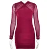 Two Layer Mesh Skinny Sexy Mini Dress Women Zipper Sheer Long Sleeve Backless Bodycon Night Club Party Dress Vestidos