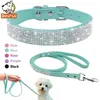 Cat Collars Leads Suede Leather Dog Collar Leash Set Rhinestone Crystal Soft Material Adjustable Small Dogs Cat Pets Collars Leads Chihuahua 231011