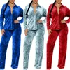 Kadınlar iki parçalı pantolon kadın 2 salon kadife kıyafetleri yumuşak uzun kollu gömlek pantolon takım elbise rahat düğme gömlekleri rahat loungewear seti