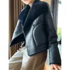 Damen Leder 5XL 2023 Haining Jacke Mantel Frauen Spleißen Mode Schlank Lamm Haar Revers Imitieren Pelz Mujer Outwear Schwarz