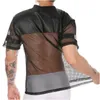 Herr t-shirts herr t-shirts pu y fishnet toppar tee män faux läder t-shirt transparent mesh klubbkläder se genom kort ärm nummer otuzv