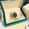 Original Box Certificate 18K Gold President Male 41mm Watches Day Date Diamonds Green Dial Watch Men rostfri Bezel Automatisk armbandsur 63