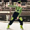 Abbigliamento da palcoscenico Abbigliamento da ballo di strada per bambini Abbigliamento hip-hop per ragazze Top leopardato verde Gilet riflettente Pantaloni hip-hop Costume da performance jazz