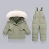 Down Coat Children Winter Clothes Set 2023-30 graders Duck Jack Jumpsuit Baby Boy Parka Fur Girl Toddler Tjock Varma övergripande snöar