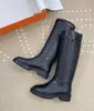 2024 Tall Boot Smooth Calfskin Buckle Slip-On Knight Boots Chunky Heel Leather Round Toe Knee High Riding Boots Luxury Designers Flats