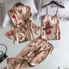 9 couleurs femmes pyjamas ensembles avec pantalon 3 pièces satin soie imprimé floral rose nuit vêtements de maison pyjama sommeil vêtements pour femmes 210305221g