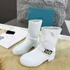 Triangle-logo Calf Leather Ankle boots Round toe mid block heels Slip-On Booties luxury designer Casual High quality women Fashion shoes factory footwear with box