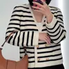 23 PRE Autumn New Black and White Stripe V-Neck Coat Double Row Metal Buckle Short Knitted Cardigan Sweater Short Coat