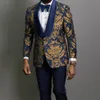 3 pezzi oro jacquard prom abiti da uomo scialle blu risvolto slim fit sposo smoking moda maschile costume blazer gilet con pantaloni311f