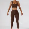 Yoga Outfit 2pc مجموعة Women Wording Sport Gym Wear Suit High Weist Leggings Jailts Front Zipper Bra Fitness Crop Top Sportswear 231012