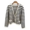 23 PRE Autumn New Black and White Stripe V-Neck Coat Double Row Metal Buckle Short Knitted Cardigan Sweater Short Coat