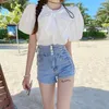 Jupes REDDACHiC boutonné pansement taille haute femmes Denim Shorts bleu été court Jean pantalon casual plaine à lacets croisé dos pantalon