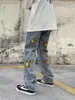 Kvinnors jeans y2k daguai stjärna tryck amerikansk stil gata tvättade retro par mode lösa hiphop raka draperi byxor till salu