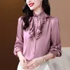 Woman Designer Silk Red Blouse Ruffle Stand Collar Elegant Shirts Long Sleeve Office Ladies Formal Button up Shirt 2023 Autumn Winter Solid Runway Satin Blouses