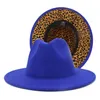 Hele Blauw met Luipaard Onderkant Jazz Zachte Heren Dames Feestmuziek Zwarte Hoed Brede Rand Wol Tweekleurige Fedora Hoed voor Unisex2440