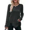 Kvinnors blusar Autumn Winter Top Stylish Rands Texture Button Decor Lång ärm Pullover Mjuk oregelbunden hem Fall/vinter T-shirt lös