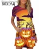 Thème Costume Mode Citrouille Impression Numérique Casual Femmes Robe Drôle Mignon Chat 3D À Manches Courtes O-cou Lâche Mini Robe Femmes Halloween ComesL231013