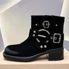 Quadratische Fersen Dicke Sohle Kurze Stiefel Frau Metall Gürtel Schnalle Stiefeletten Punk Schuhe Weiblichen Echten Leder Motorrad Stiefel Frauen