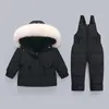 Down Coat Children Winter Clothes Set 2023-30 graders Duck Jack Jumpsuit Baby Boy Parka Fur Girl Toddler Tjock Varma övergripande snöar