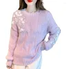 Kvinnors tröjor Autumn Winter Ladies Korean fashionabla snygga o-halsna stickade topp söta fairy solid paljetter Pullover tröja