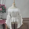 Blusas femininas vintage lolita camisas mulheres kawaii renda babados o-pescoço manga flare chiffon tops feminino doce elegante princesa vitoriana