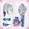 Honkai Star Rail Silver Wolf Perruque Cosplay Lunettes Longue Queue De Cheval Bouclée Gris Bleu Cheveux Synthétiques Cuir Chevelu 2023 Jeu Chapeaux Prop