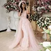 2023 Robes de soirée sexy portent un col de bijou rose sans manches sirène overskirts dentelle appliques perles de cristal 3D fleurs florales robe de bal fête Pageant robes formelles