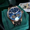 Klassiek topmode automatisch mechanisch zelfopwindend horloge heren goud zilver wijzerplaat 46 mm dubbele tourbillon maanfase polshorloge casual lederen band klok 5762