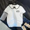 Little 2023 Summer New Front Shoulder Hand Hook Doll Flip Collar Decorative Label Short Sleeve T-shirt Female