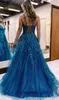 Glitter Tulle Prom Dresses Women Lace Appliques Long Ball Gwons with Spaghetti Straps A-Line Evening Dresses